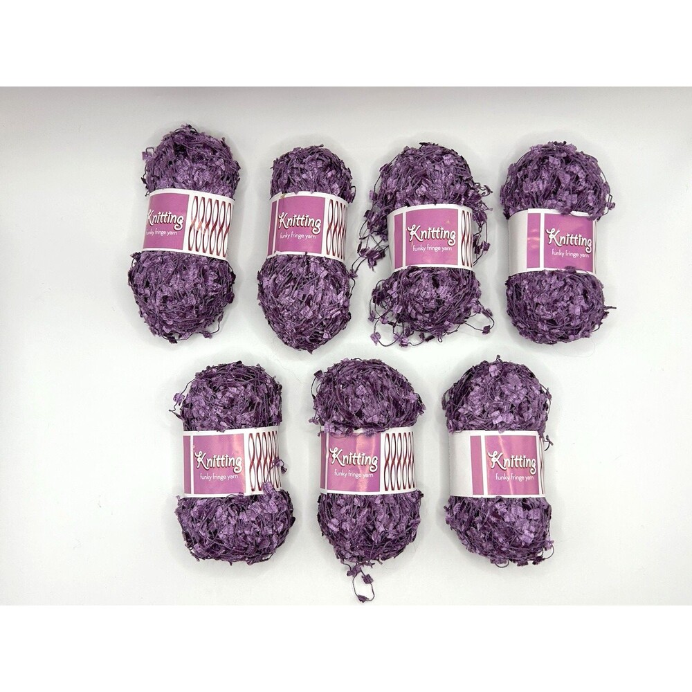 Knitting Brand Yarn FUNKY FRINGE Purple 100% Polyester 90 yds each - Lot Of 7